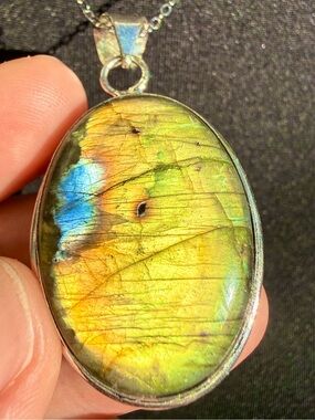 *Video* Rare Golden Green Flashy Labradorite Necklace 925 Silver Stamped Pendant